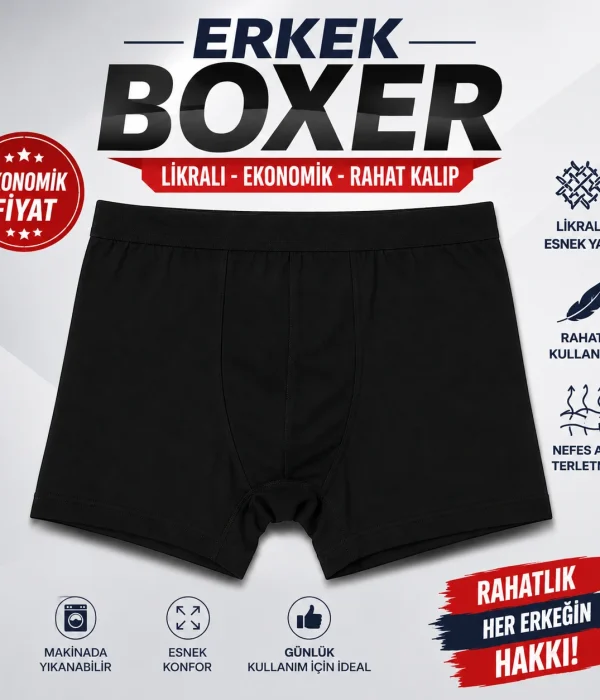 Erkek Siyah Ekonomik Likralı Boxer