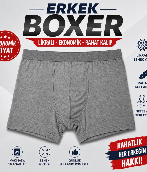 Erkek Gri Ekonomik Likralı Boxer