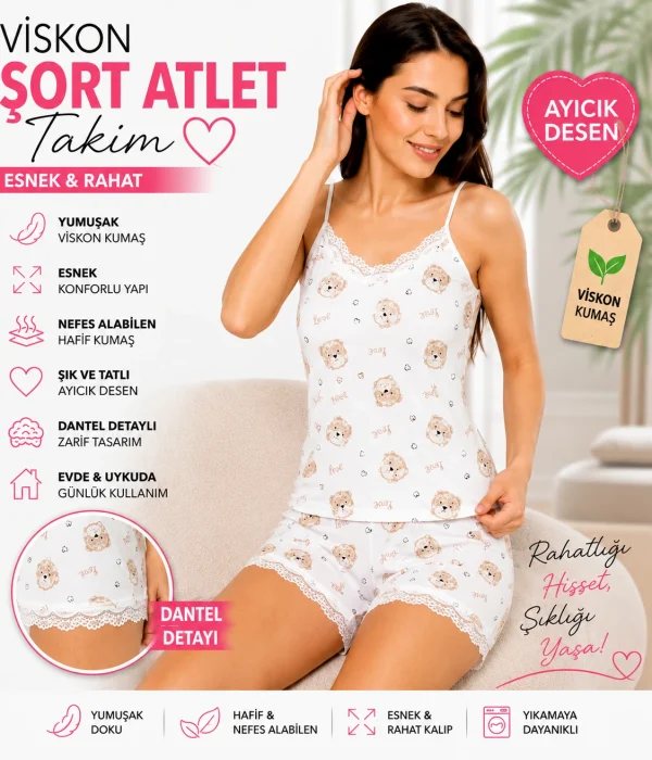 Kadın Love Ayıcık Desenli Dantel Detaylı Viskon Şort Atlet Takım