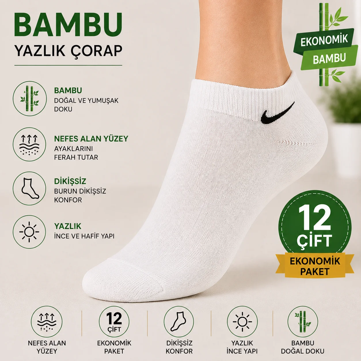 Nefes Alan Bayan Dikişsiz Bambu Patik Çorap 12 Çift — fotoğraf 2