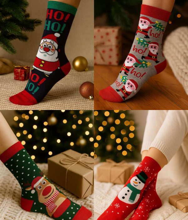 Unisex Yılbaşı Desenli 4'lü Paket Renkli Soket Çorap Christmas Happy New Year