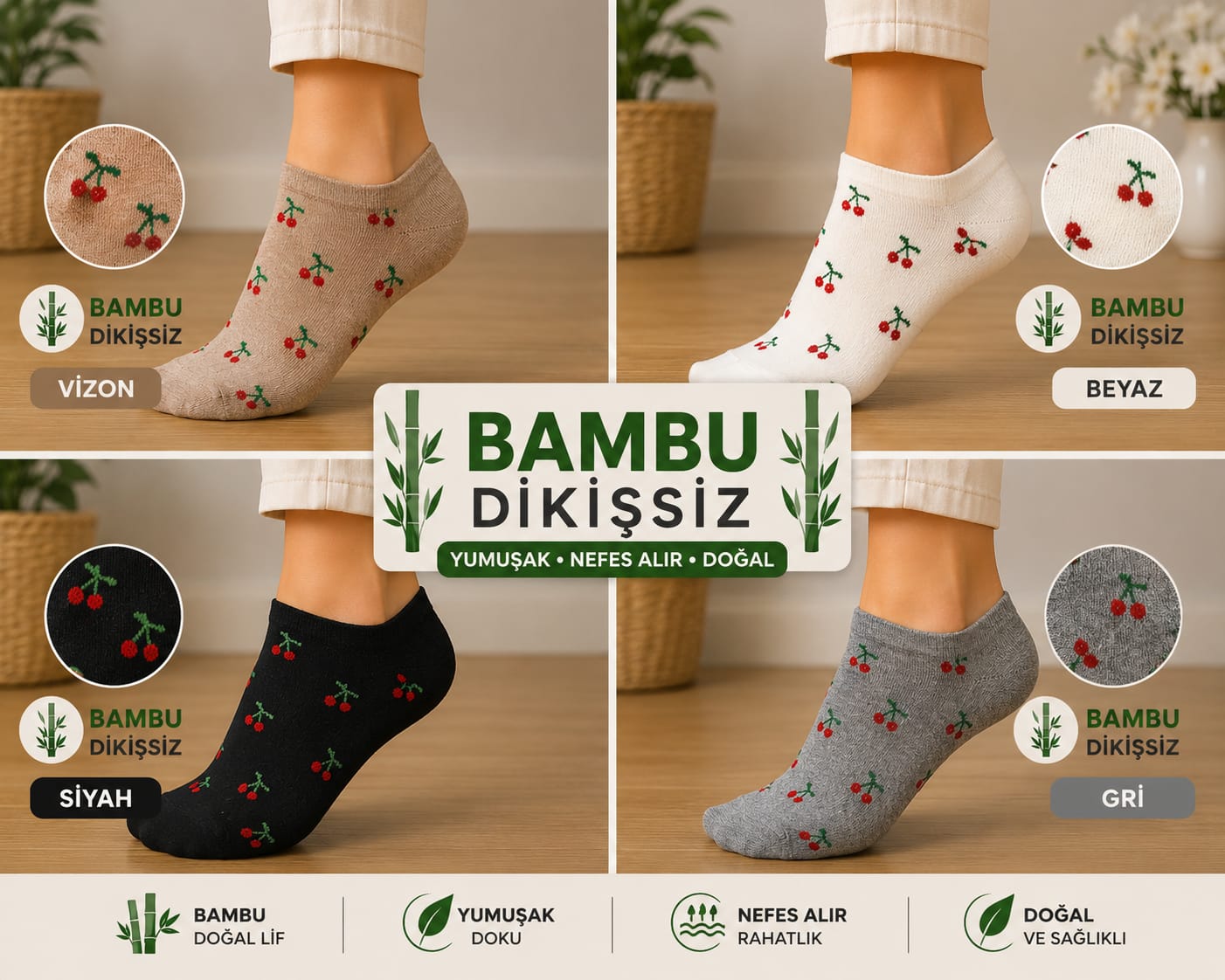 Bambu Dikişsiz Desenli Karışık Renk Bayan Patik Çorap 12'Li Paket — fotoğraf 1