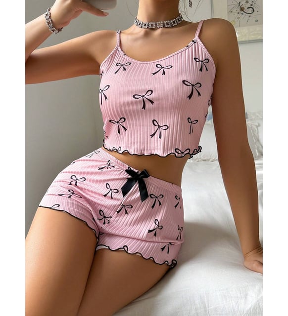Siyah Fiyonklu Şortlu Takım Mini Pembe Rahat Gecelik (L-XL)