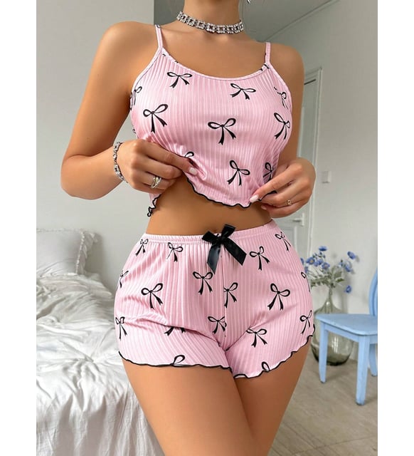 Siyah Fiyonklu Şortlu Takım Mini Pembe Rahat Gecelik (L-XL) — fotoğraf 3