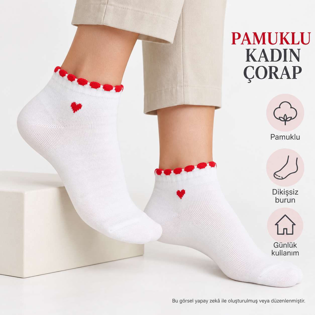 Beyaz Renkli Dikişsiz Kalp Desenli Pamuklu Bayan Patik Çorap 3 Çift — fotoğraf 1