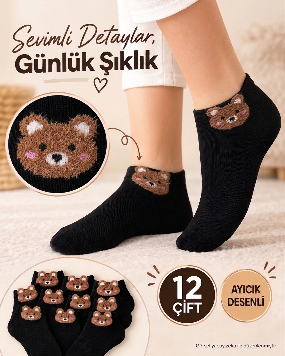 Premium 200 İğne Sevimli Ayıcık Desenli Bayan Patik Çorap 12 Çift - Siyah — fotoğraf 2