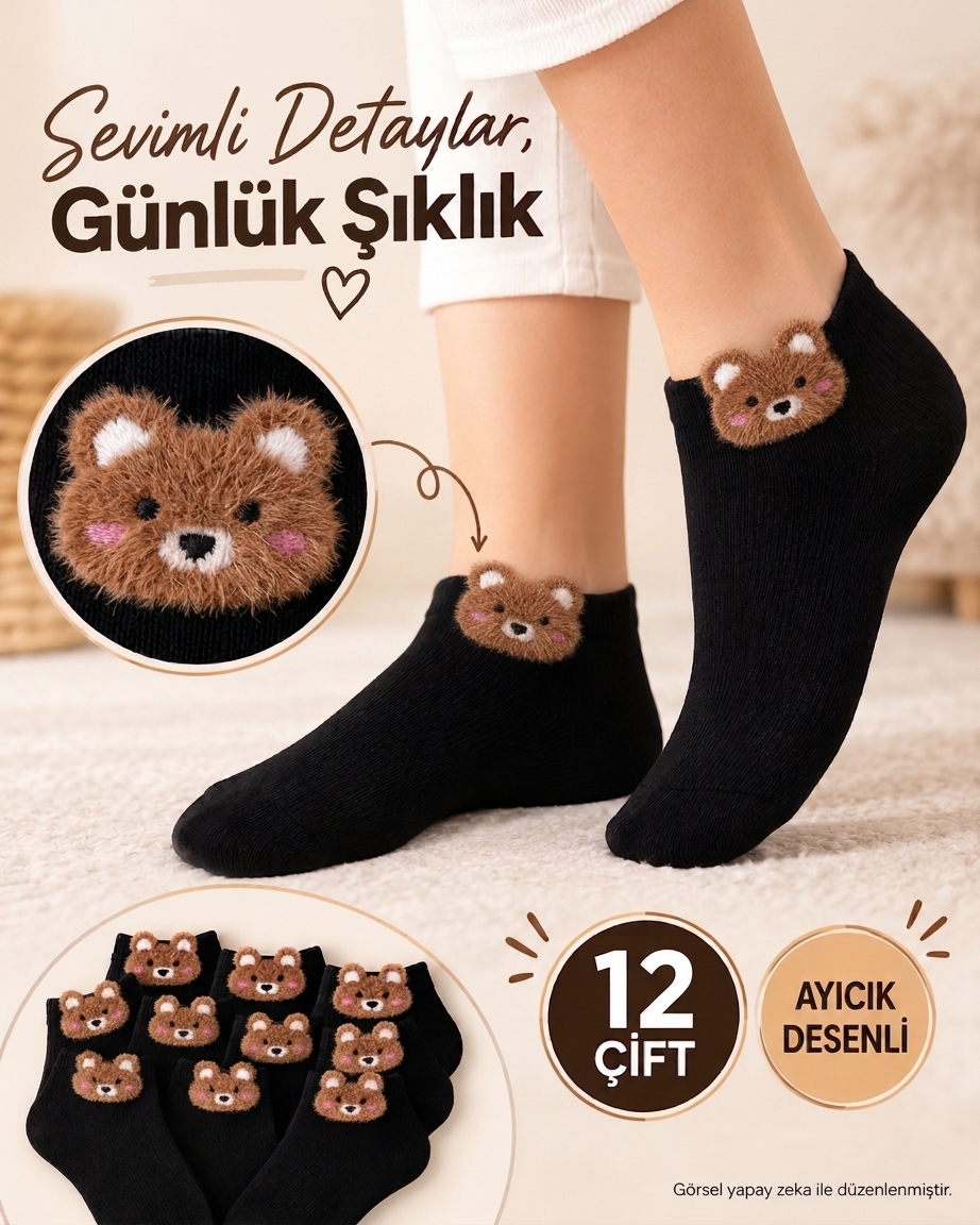 Premium 200 İğne Sevimli Ayıcık Desenli Bayan Patik Çorap 12 Çift - Siyah — fotoğraf 3